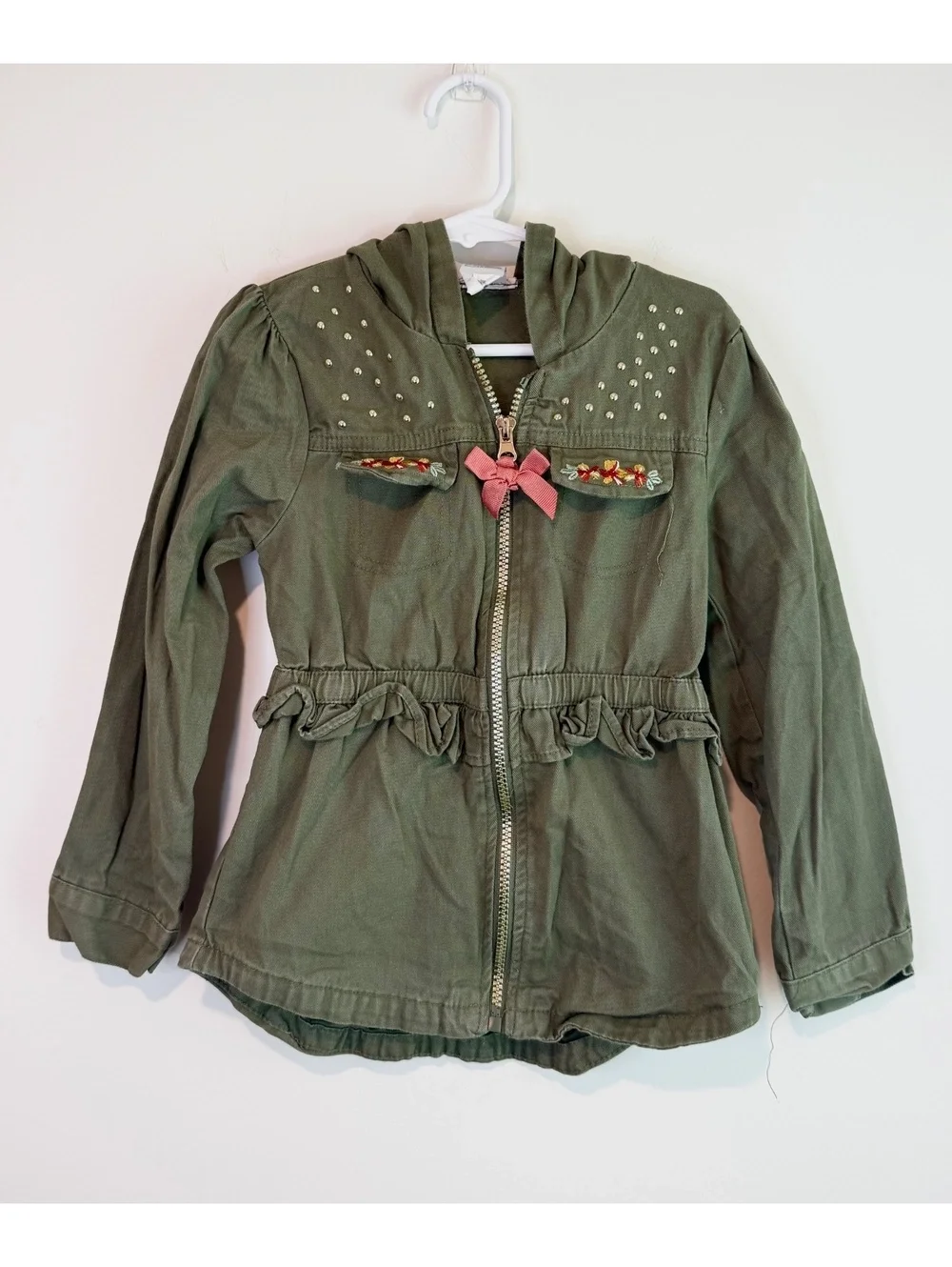 Little Lass Girls Olive Green Hooded Jacket with Embellishments Size 6
